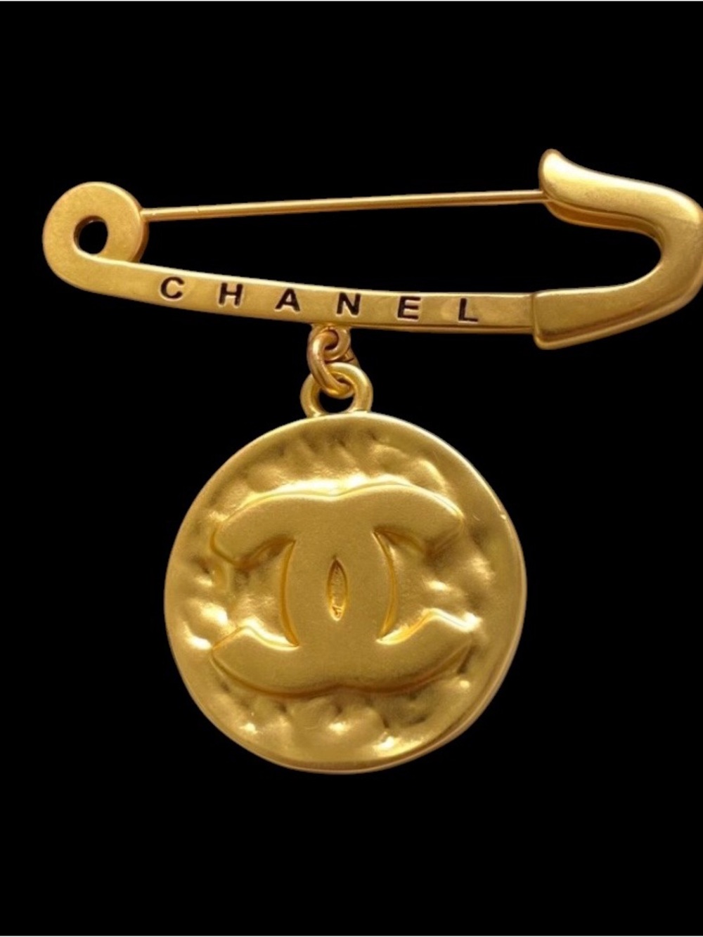 Double C Gold Tone Medallion Coin Safety Pin Dangle Drop Brooch